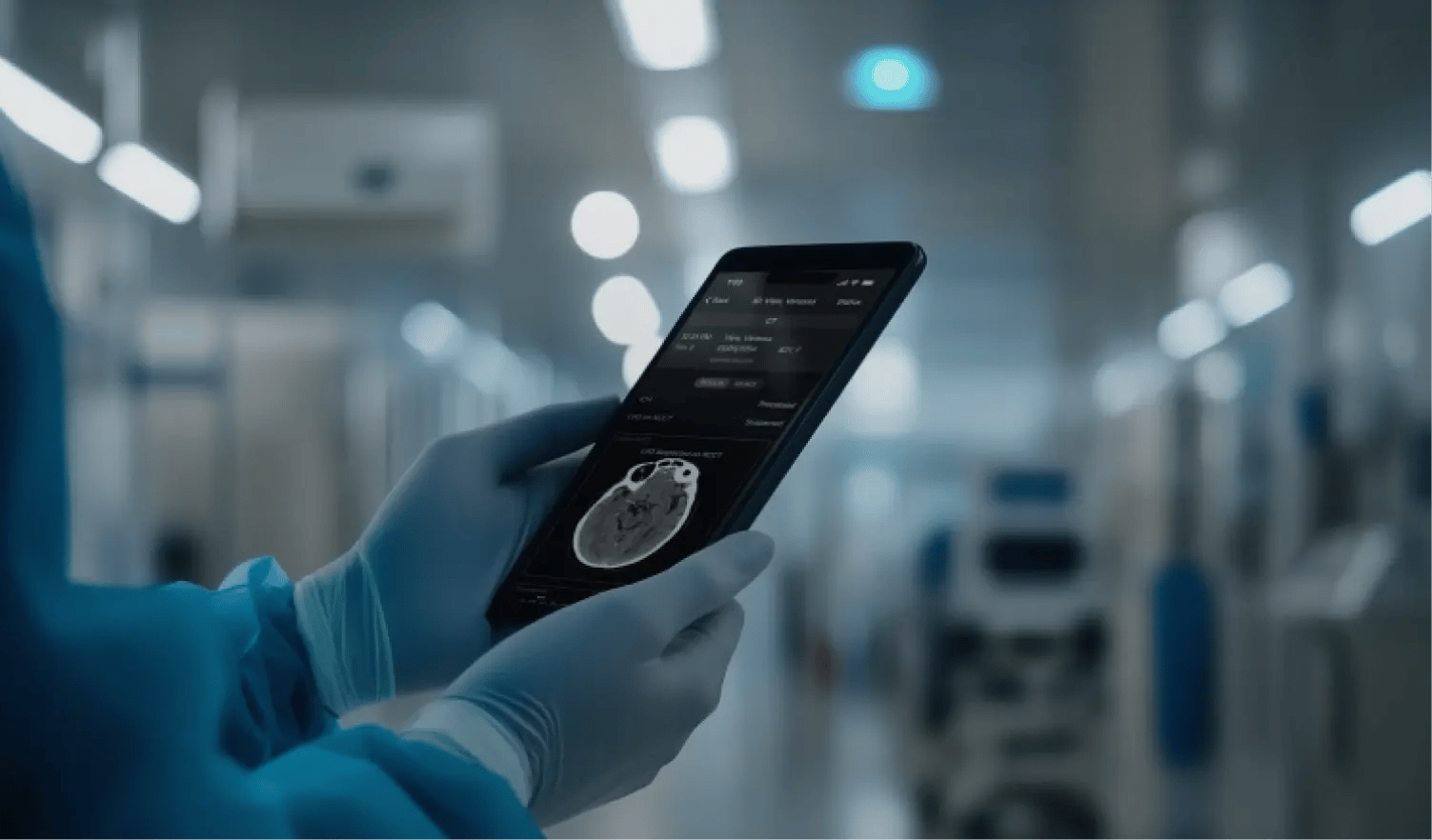 Doctor examining brain scan on smartphone in hospital corridor.