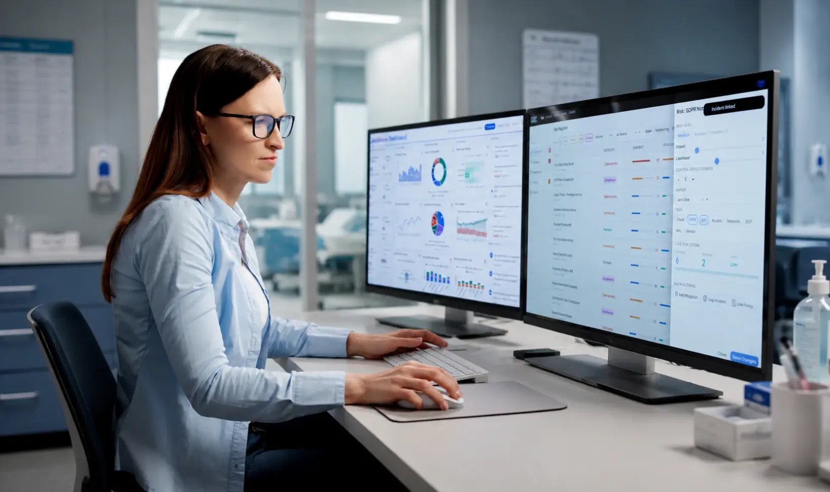 Healthcare professional reviewing cybersecurity, risk management, and compliance dashboards in a hospital office.