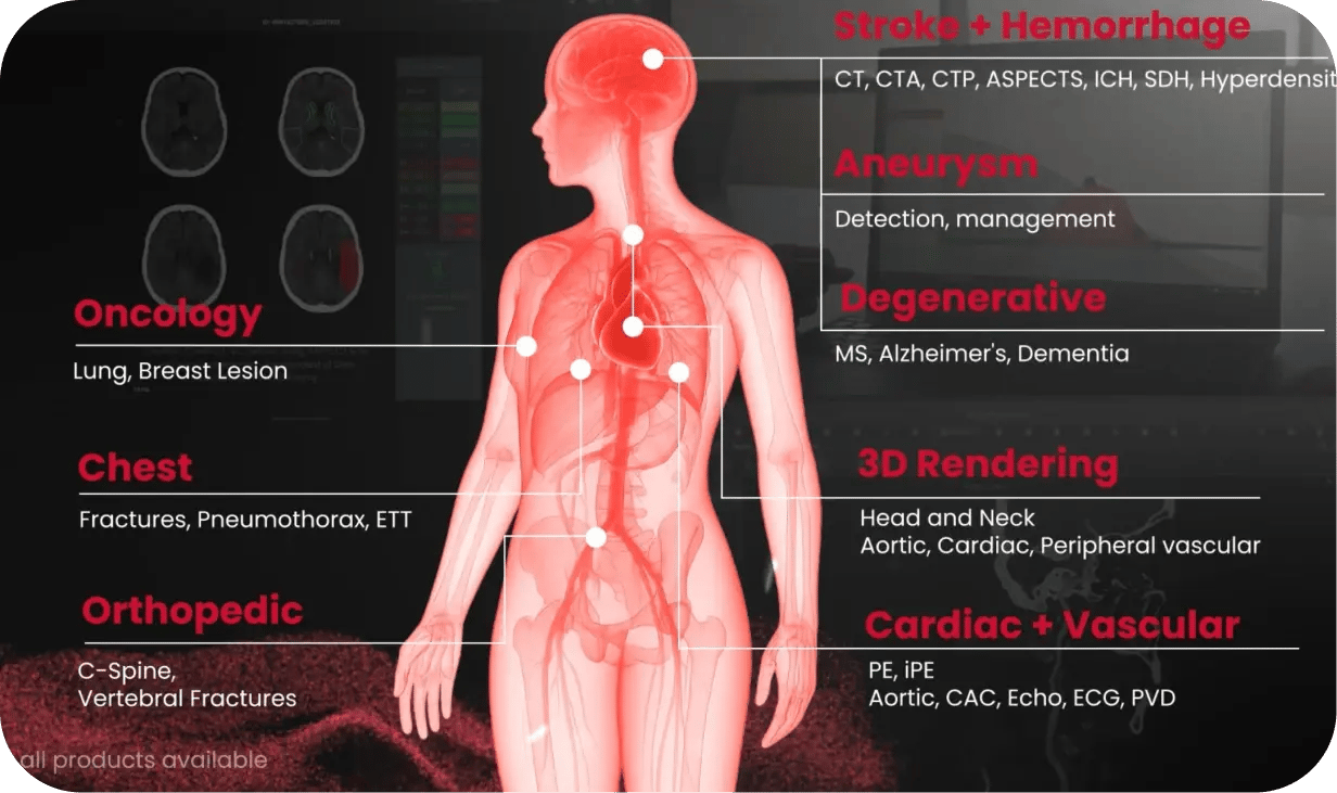 Diagram of a human body highlighting medical imaging uses: stroke, aneurysm, degenerative diseases, oncology, chest, orthopedic, 3D rendering, cardiac and vascular.