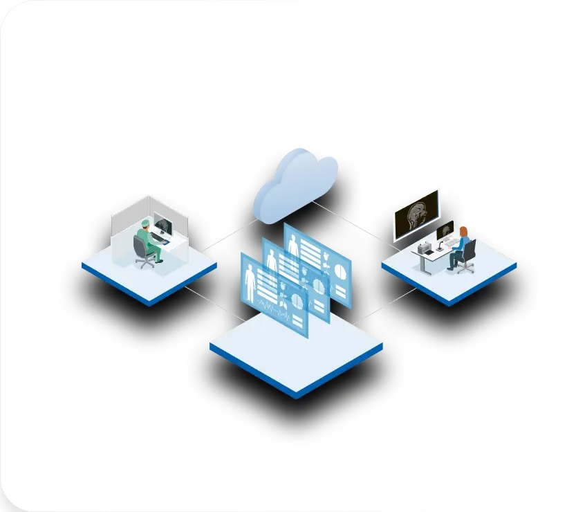 Illustration of a cloud-based health system, connecting a healthcare professional, patient data, and medical imaging for efficient analysis.