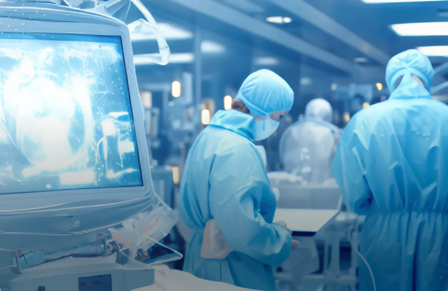 Surgeons in blue scrubs and masks working in a modern operating room with a monitor displaying a medical image.