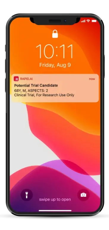 A smartphone lock screen displays a notification about a potential clinical trial candidate with relevant patient details.