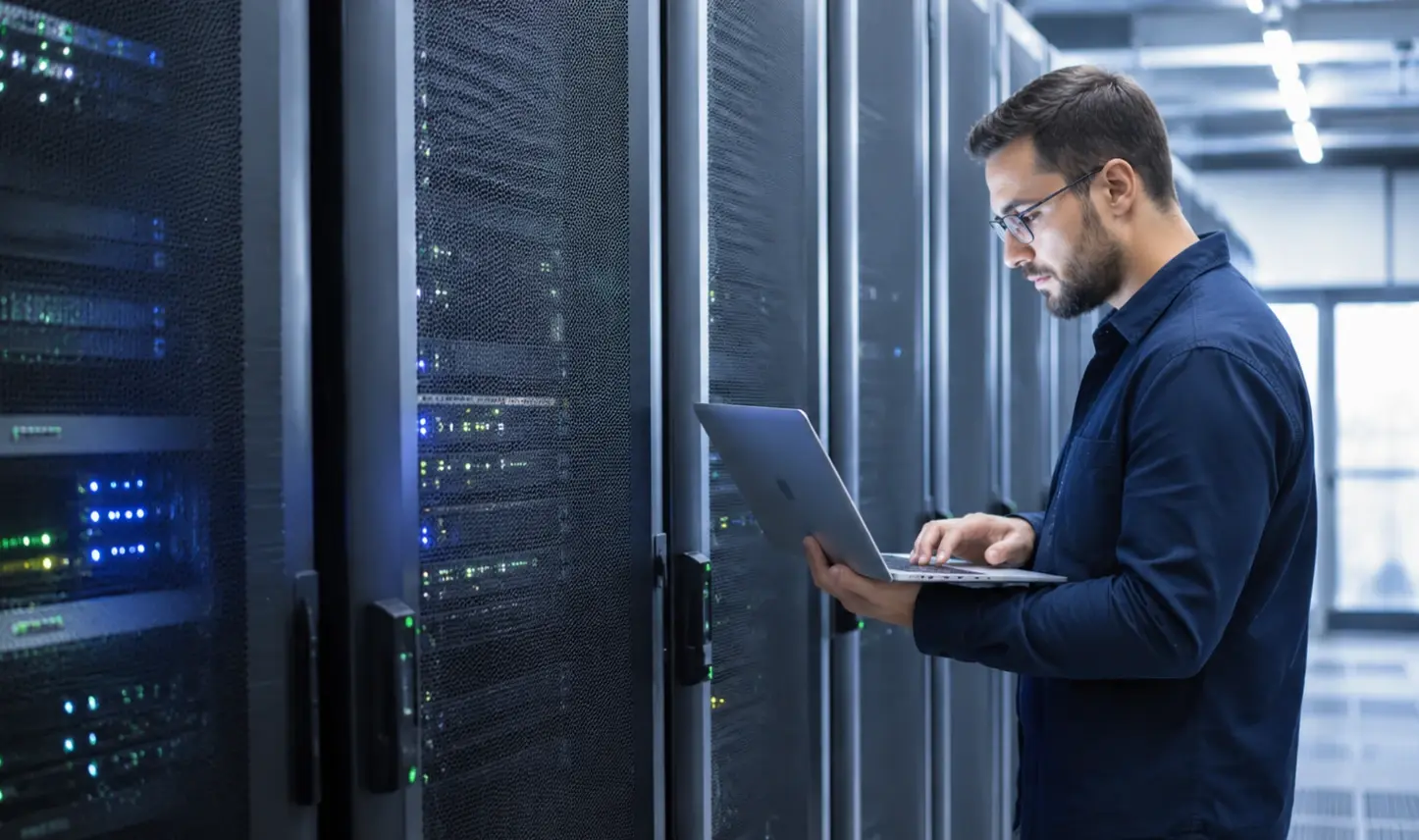 Realistic enterprise IT infrastructure image showing a technology professional working within a modern data center environment. The image represents scalable cloud architecture, secure enterprise systems, and on-prem infrastructure resilience, aligning with RapidAI’s Rapid Edge Cloud messaging.