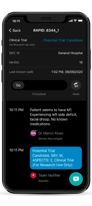 Mobile screen displaying patient details for a clinical trial, including age, gender, symptoms, neurologist, and trial status.