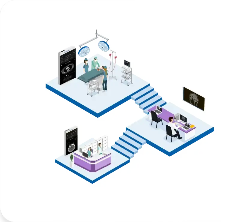 An isometric illustration showing an operating room above and a diagnostic lab below, connected by stairs, featuring medical professionals and equipment.