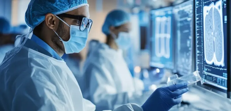Lab technicians in protective gear examine digital scans and samples in a high-tech laboratory setting.